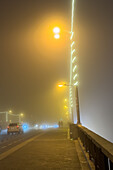 Foggy winter cityscape as temperatures go down in Zaragoza, Spain