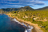 Aerial view of Cala Canyamel beach, Balearic islands, Mallorca, Majorca Island, Spain.