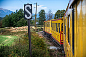 Journey in the The Yellow Train or Train Jaune, Pyrénées-Orientales, Languedoc-Roussillon, France.