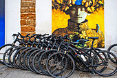 Bicycles parked on a mural next to the central market of Cádiz, Costa de la Luz, Andalusia, Spain.