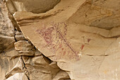 Prähispanische Piktogramme an der Kokopelli Interpretive Site im Canyon Pintado National Historic District in Colorado. Prähispanische Felszeichnungen der amerikanischen Ureinwohner