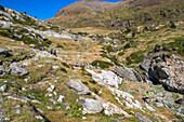 Rückansicht von Menschen, die zum Gipfel des Puigmal-Bergs wandern, Katalonien, Pyrenäen, Spanien