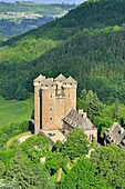 France, Cantal, Parc Naturel Regional des Volcans d'Auvergne (Natural Regional Park of Auvergne Volcanoes), labelled Les Plus Beaux Villages de France (the Most Beautiful Villages of France), castle of Anjony dated 15th century (aerial view)