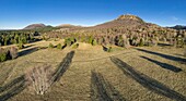 France, Puy de Dome, Orcines, Regional Natural Park of the Auvergne Volcanoes, listed as World Heritage by UNESCO, the Chaine des Puys (aerial view)