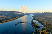 France, Ardeche, Rochemaure, Rochemaure dam on the Rhone, Cruas Meysse nuclear power station in the background (aerial view)