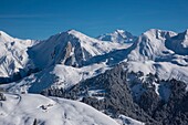 Frankreich, Haute Savoie, Aravis-Massiv, Manigod, Wanderung auf dem Mont Sulens, vom Gipfel mit Blick auf die Mouilles, Massif de l'Etale und Mont Blanc