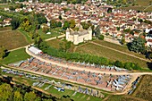 France, Cote d'Or, Savigny les Beaune, the castle and the fighter aircrafts museum (aerial view)