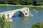 France, Vaucluse, Avignon, the bridge Saint Benezet (XII century) classified World heritage of UNESCO, navigation on the Rhone