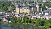France, Maine et Loire, Durtal, the village and the castle on the Loir river (aerial view)