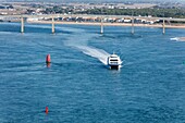 France, Vendee, La Barre de Monts, Noirmoutier bridge and Yeu island sea shuttle (aerial view)