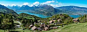 France, Haute Savoie, Lake Annecy, Talloires, the small lake, the bay and the massif of Baugess seen by the road of Planfait