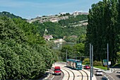 France, Doubs, Besancon, the tram in the rise of the Boulevard Charles de Gaulle and the Vauban citadel
