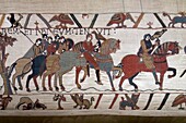 France, Calvados, Bayeux, Tapestry Museum, Bayeux Tapestry, listed as World Heritage by UNESCO, Queen Mathilde Tapestry telling the story of England's invasion by William the Conqueror , the scenes of the Bayeux Tapestry are embroidered with woollen threads on a linen canvas
