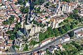 France, Vienne, Chauvigny, Saint Pierre collegiale, Gouzon donjon, Harcourt and Baronnial castles (aerial view)