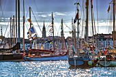 France, Finistere, Douarnenez, Festival Maritime Temps Fête, sailboats and old rigging on the port of Rosmeur