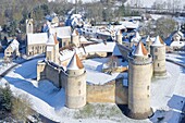 France, Seine et Marne, Blandy les Tours, Castle of Blandy les Tours under the snow, the Medieval Castle (aerial view)