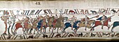 France, Calvados, Bayeux, Tapestry Museum, Bayeux Tapestry, listed as World Heritage by UNESCO, Queen Mathilde Tapestry telling the story of England's invasion by William the Conqueror , the scenes of the Bayeux Tapestry are embroidered with woollen threads on a linen canvas