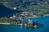 France, Haute Savoie, Lake Annecy, the castle and the village of Duingt seen of saint Germain's hermitage