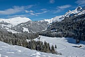 France, Haute Savoie, the Aravis massif, above La Clusaz the hamlet of Les Confins and Pointe Percee