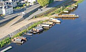 France, Maine et Loire, Loire Valley listed as World Heritage by UNESCO, Montsoreau, labelled Les Plus Beaux Villages de France (the Most Beautiful Villages of France), boats (aerial view)