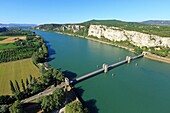 France, Drome, Donzere, Pont de Robinet (1847) on the Rhone classified Historic Monument, Donzere parade (aerial view)