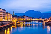 France, Isere, Grenoble, dusk on the banks of Isere river, Vercors massif in the background