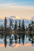 Frankreich, Savoyen, Les Marches, Saint-André-See inmitten der Weinberge der Combe de Savoie, im Hintergrund die schneebedeckte Belledonne-Kette