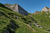 France, Haute Savoie, Aravis Massif, Manigod, hiking Lake Charvin, the lake and the north face of Mount Charvin