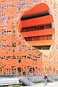 Frankreich, Rhone, Lyon, Stadtviertel Confluence (2. Bezirk), Cube Orange der Architekten Dominique Jakob und Brendan MacFarlane, Außenstruktur mit Metallgitter