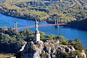 France, Ardeche, Viviers, archangel saint Michel, summit of the rocky peak of the Saint Michel mountain, the Rhone, Chateauneuf du Rhone bridge in the background (aerial view)