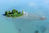 France, Ain, Serrieres de Briord, leisure center of Green Point on the Rhone (aerial view)