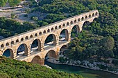 Frankreich, Gard, Vers Pont du Gard, Pont du Gard, Aquädukt Romain, denkmalgeschützt (Luftaufnahme)