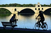 France, Vaucluse, Avignon, Saint Benezet bridge (XII century) on the Rhone listed as World Heritage by UNESCO from the island of Barthelasse, dock on the banks of the Rhone