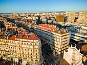 France, Bouches du Rhone, Marseille, the city center and the rue de la Republique (aerial view)