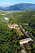 Frankreich, Ain, Virignin, Chartreuse Festung von Pierre Chatel XII, Die Rhone (Luftbild)