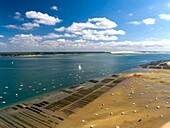 Frankreich, Gironde, Bassin d'Arcachon, lege-cap-ferret, die Muschel von Mimbeau, Austernparks und die Düne von Pilat im Hintergrund (Luftaufnahme)