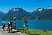 France, Haute Savoie, Lake Annecy, new section of cycle track along the lake to common Angon of Talloires and the massif of Bauges