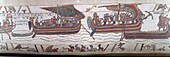 France, Calvados, Bayeux, Tapestry Museum, Bayeux Tapestry, listed as World Heritage by UNESCO, Queen Mathilde Tapestry telling the story of England's invasion by William the Conqueror, Harold, Earl English, the sails filled by wind, reached the lands of Count Guy , the scenes of the Bayeux Tapestry are embroidered with woollen threads on a linen canvas