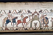 France, Calvados, Bayeux, Tapestry Museum, Bayeux Tapestry, listed as World Heritage by UNESCO, Queen Mathilde Tapestry telling the story of England's invasion by William the Conqueror , the scenes of the Bayeux Tapestry are embroidered with woollen threads on a linen canvas