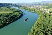 France, Isere, Chonas L'Amballan, navigation on the Rhone, Sensitive Natural Area of Gerbay on the left and Condrieu in the background (aerial view)