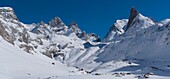 France, Savoie, Massif de la Vanoise, Pralognan La Vanoise, National Park, panoramic view of the Genepi chairlift summit on the valley and the peaks of the Gliere, great Casse et aiguille de la Vanoise