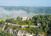 France, Dordogne, Perigord Noir, Dordogne Valley, Vezac, Les Jardins du chateau de Marqueyssac, park and castle (aerial view)