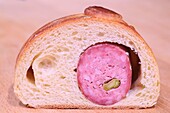 France, Rhone, Lyon, Halles de Lyon Paul Bocuse, sausages Sibilia (1971), pistachio brioche sausage