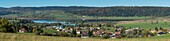 France, Doubs, panoramic vew at the top Doubs the village of Labergement Sainte Marie and the lake of Remoray