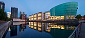 France, Bas Rhin, Strasbourg, development of port du Rhin (Rhine's harbour) and conversion of breakwater of Bassin d'Austerlitz, UGC Cine Cite cinema complex, the 3 Black Swans tower of architect Anne Demians and in the background the Elithis Danube Tower, 1st positive energy tower by XTU Architects