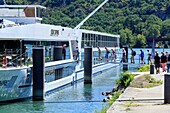 Frankreich, Ardeche, Viviers, Fahrgastschiffe am Kai auf der Rhone