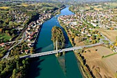 Frankreich, Haute Savoie, Ain, Seyssel, Brücke über die Rhone (Luftaufnahme)