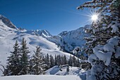 France, Savoie, Massif de la Vanoise, Pralognan La Vanoise, National Park, towards the Bochor, orientation table on the ski area and the Bochor needle