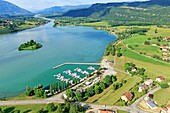 France, Ain, Massignieu de Rives, king's bed lake on the Rhone, bird island (aerial view)