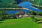 France, Cantal, Ruynes en Margeride, viaduct of Garabit htel and restaurant (aerial view)